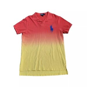 Vintage POLO RALPH LAUREN Orange Yellow Tie Dye Large Big Horse shirt flawed